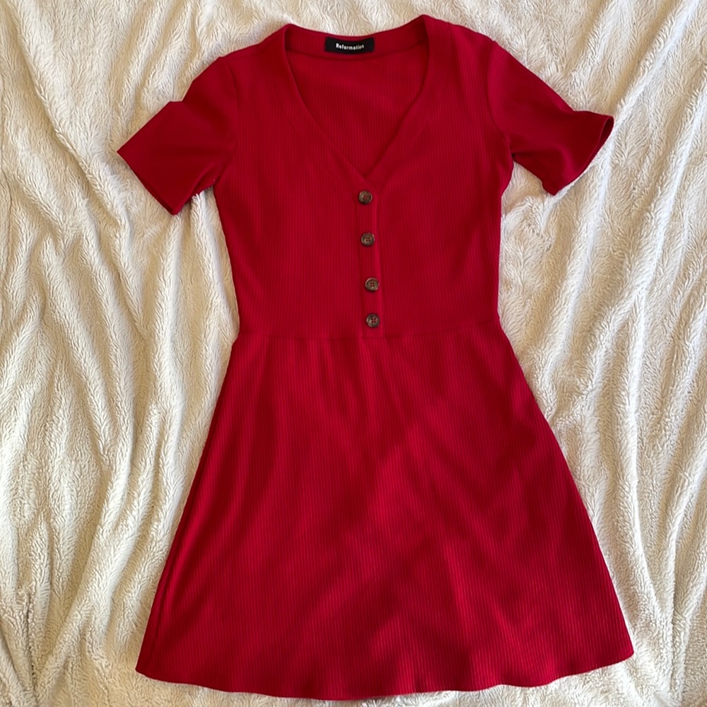 M red Reformation short sleeve ribbed mini dress